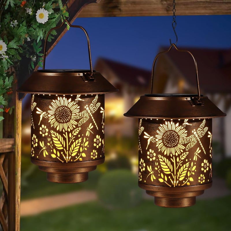Doogarden Solar Lantern Outdoor Hanging Sunflower Lights Gifts for Women Mom Metal Garden Decor Outside Waterproof LED Lanterns for Patio(Dragonfly + Sunflower-2pack) - Image 1